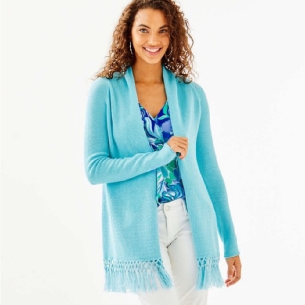 Lilly Pulitzer Tatum Long Fringe Hem Open Cardigan Bali Blue Turquoise Medium